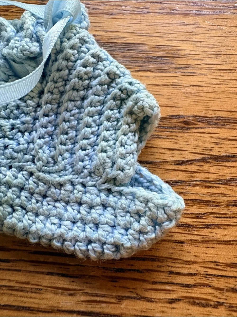 VTG Handmade Baby Crochet Booties without toes in Light Blue w/ Ribbon